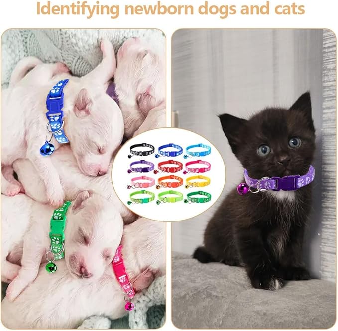 Paw Print Breakaway Cat Collars with Bells - 12 PCS Safety Adjustable Kitten Collars for Small Cats & Newborn Litter Pets, Super Soft Nylon Collar Set with Pendants & Safety Clasp (12 Colors)