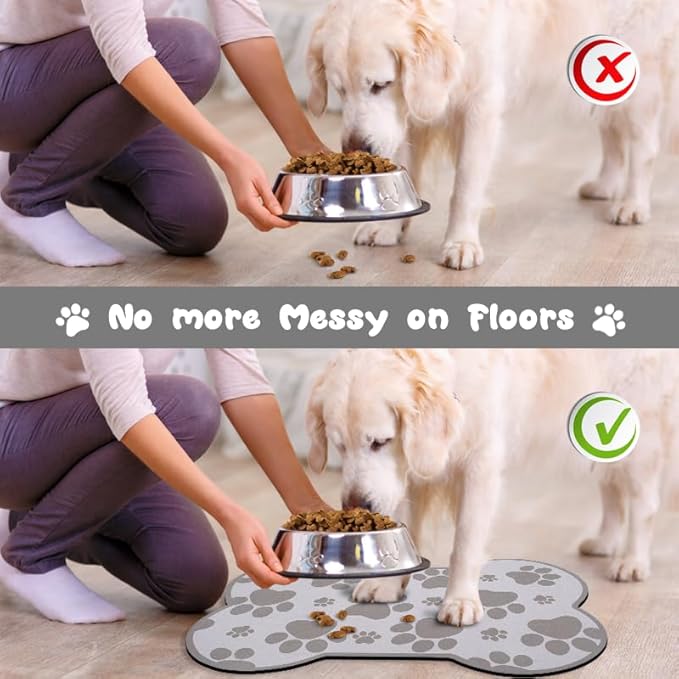 Dog Food Mats for Floors Waterproof, Pet Feeding Absorbent Water Bowl Mat Cat Placemats Gray Bone Shape 23.6 * 15.7 inch