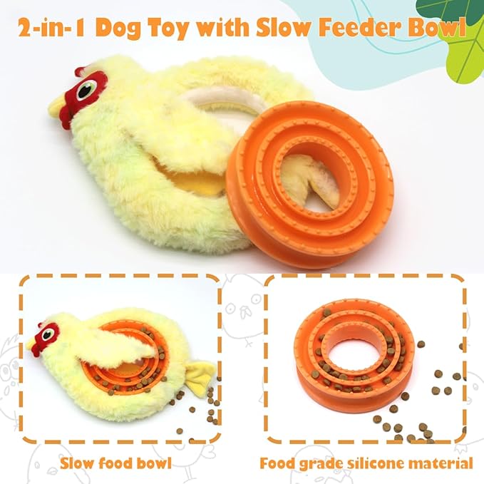 HUGEME Chicken Plush Tug of War Dog Toy, Stuffed Crinkle Dog Squeaky Toy with Slow Feeder Puppy Chew Toy for Small Medium Large Dogs