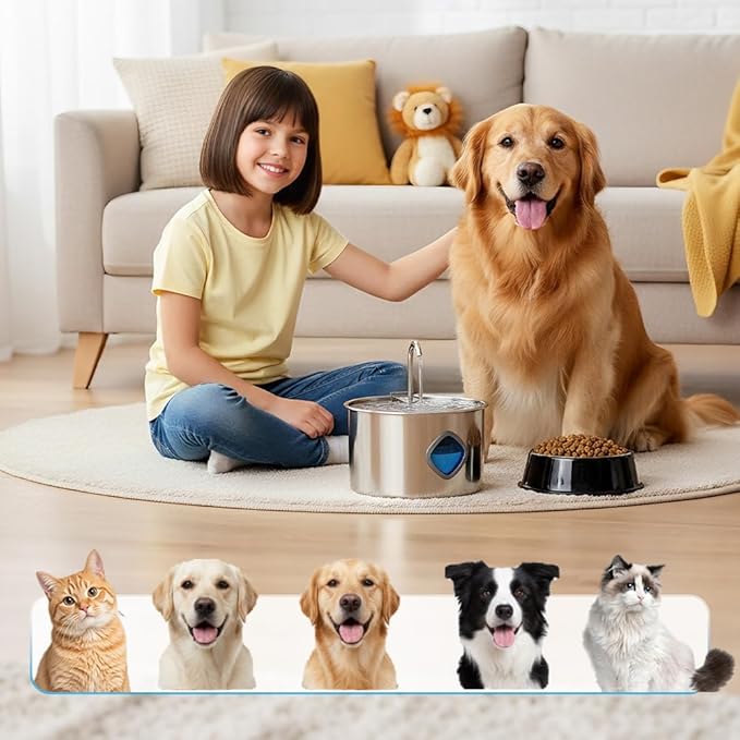 Cat Water Fountain Stainless Steel:Water Fountains for Cats Indoor, 3.2L Large Capacity Cat Water Bowl Filtered, Automatic Circulating Water Dispenser for Pets,Cats,Dogs (Silver)