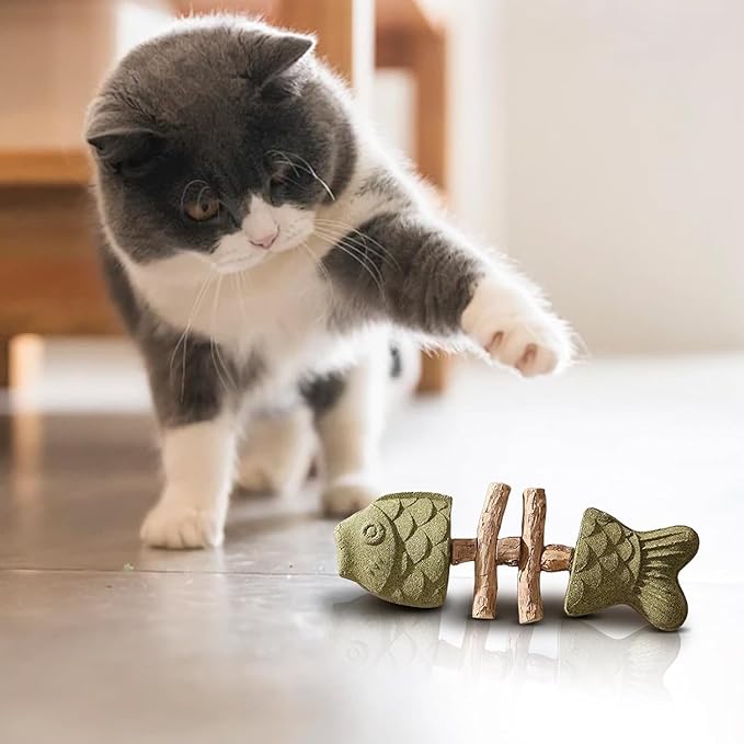 3PCS Cat Dental Health Chew, Natural Fishbone Shape Teething Toy with Catnip, Durable Feline Tooth Care Tool
