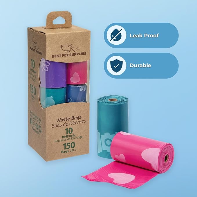 Best Pet Supplies Dog Poop Bags for Waste (150 Bags) Refuse Cleanup, Doggy Roll Replacements for Outdoor Puppy Walking and Travel, Leak Proof and Tear Resistant, Thick Plastic - Assorted Colors