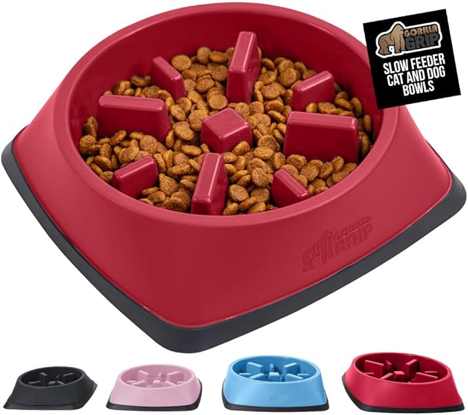GORILLA GRIP Patented BPA Free Slow Feeder Dog Bowls, 4 Cup Interactive Puzzle Toy for Dogs and Cats Food Training Enrichment, Keeps Pets Busy and Prevents Puppy Overeating, Large Breeds, Red