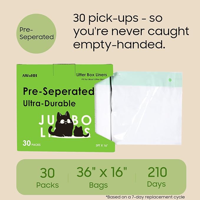 30 Tidy Draw-Pack Cat Litter Box Liners, Secure Fit With Rubber Band, Tear-free, Drawstring Large/Jumbo 36" x 16" Cat Litter Liner Bags For Litter Box, Firm Easy Fit, Heavy Duty