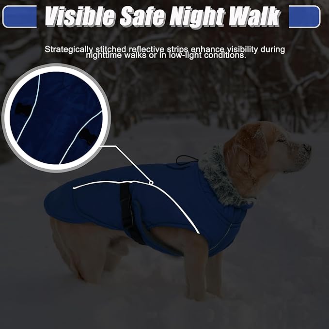 DENTRUN Winter Warm Dog Coat Reflective Jacket with Turtleneck for Cold Weather, Adjustable Buckle Windproof Water Repellent, Thick Snowsuit Fleece Vest for Small, Medium, Large Dogs, Blue, M