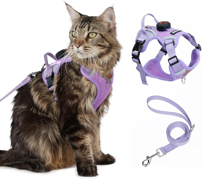 Cat Harness and Leash Set with AirTag Holder: Upgraded Escape Proof Vest with Lead for Small Dog Puppy Large Cat Walking，Soft Breathable Mesh Coat with Reflective Strip (Purple, S)