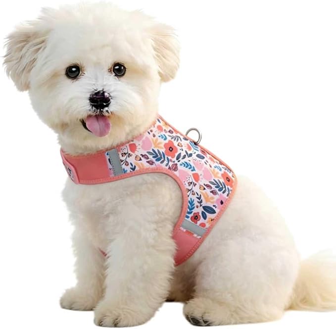 Dog Harness for Small Sized Dog,Hook-and-Loop Easy On/Off, Reflective Adjustable Soft Mesh Vest for Puppy (Pink Floral Print,L)