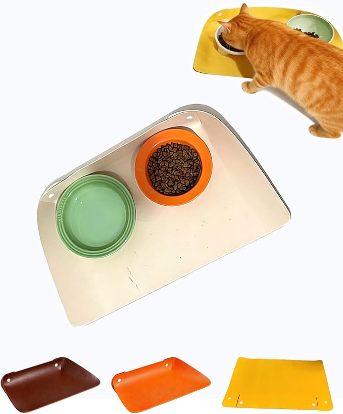 Pet Dog Food Mat w/Raised-Edge – Waterproof Faux Leather Cat Placemat for Bowls, Non-Slip & Washable Feeding Mat for Messy Eaters, Splash Guard for Floors (Cafe Latte,M)