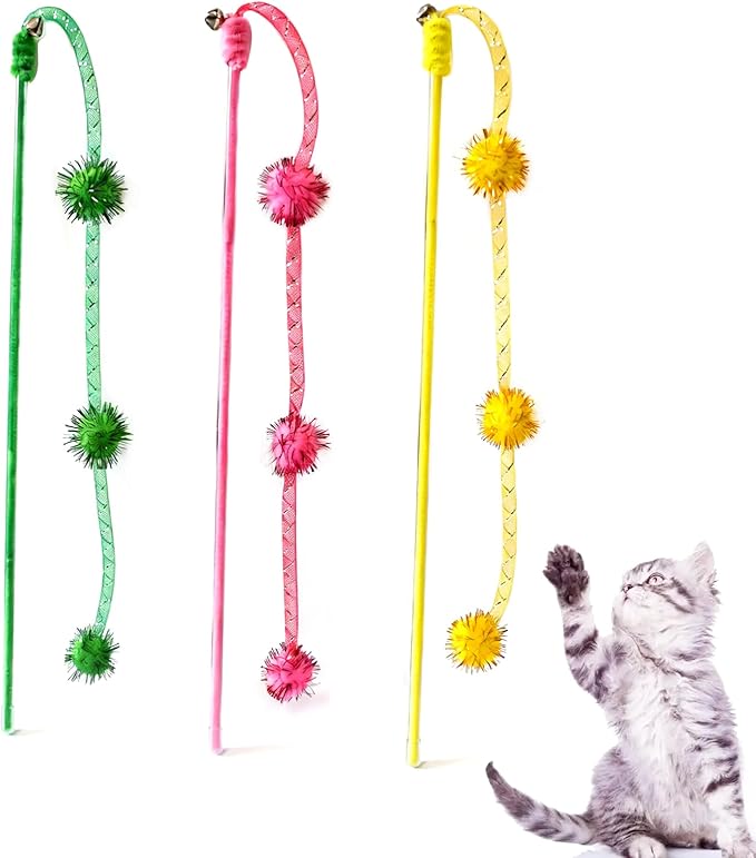 IUHKBH Cat Wands, 3 PCS Mesh Tube Teaser Toys with Fur Ball Cute Aesthetic Kitten Wand Interactive Cat Toy for All Breed Sizes