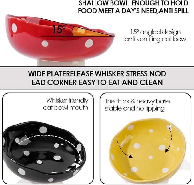 Ceramic Elevated Cat Bowls, Tilted Raised Pet Dish Anti Vomit Kitten Bowl for Indoor Cats, Whisker Friendly Pet Food and Water Bowl for Kitten, Cat, Puppies, Dishwasher Safe (Yellow)