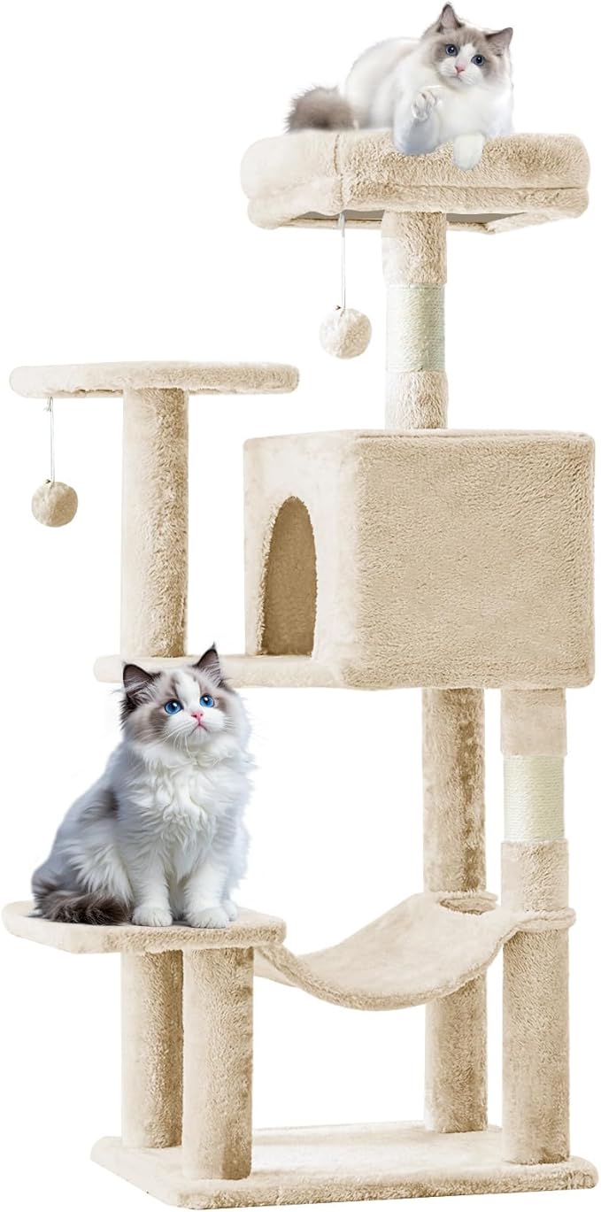 Sweetcrispy 44 inch Cat Tree Tower, Small Cat Climbing Tower with Condo, Natural Sisal Scratching Posts, Extended Platform, Hammock, Pet House for Indoor Cats and Kittens Play, Beige