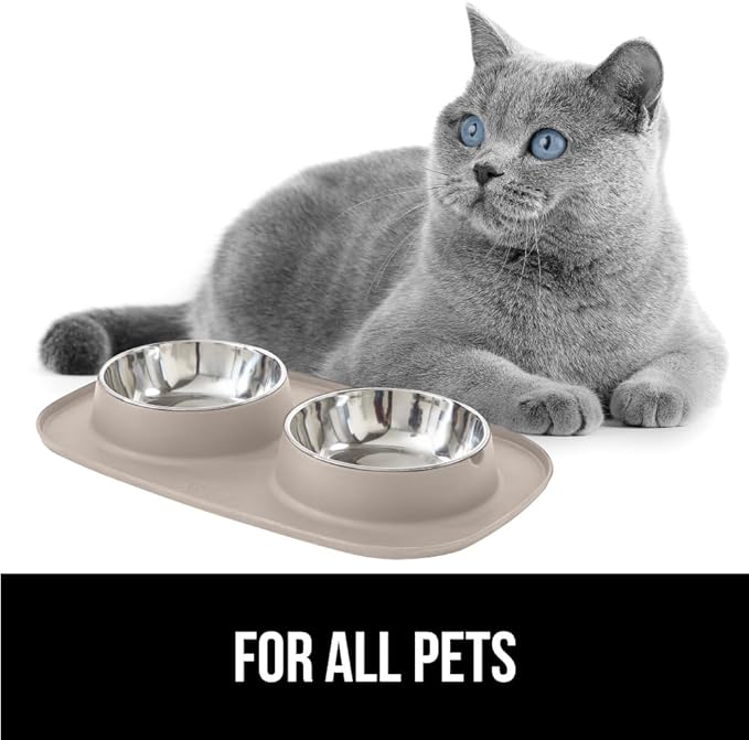 GORILLA GRIP Feeding Mat Set, Patent Pending 100% Waterproof BPA Free Silicone, Stainless Steel Cat and Dog Bowls, Slip Resistant, High Edges Catch Water Food, US Designed Pet Accessories, 2 Cup Beige