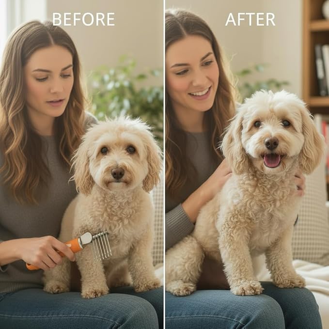 Poodle Dematting Fur Rake Comb Brush for Dogs and Cats - Long 2.5" Steel Safety Blades Metal Comb for Detangling Matted or Knotted Undercoat Hair (Orange)