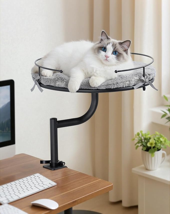 Cat Desk Bed, 360°Rotation & Height Adjustable Cat Bed for Desk Holds up to 40lbs, Machine-Washable Plush Cover