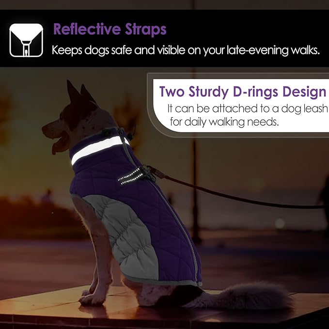 AOFITEE Dog Coat, Warm Dog Jackets for Large Dogs, Reflective Turtleneck Dogs Winter Coat with Harness Built in, Waterproof Windproof Pet Snow Jacket Fleece Vest for Cold Weather, Purple XXL