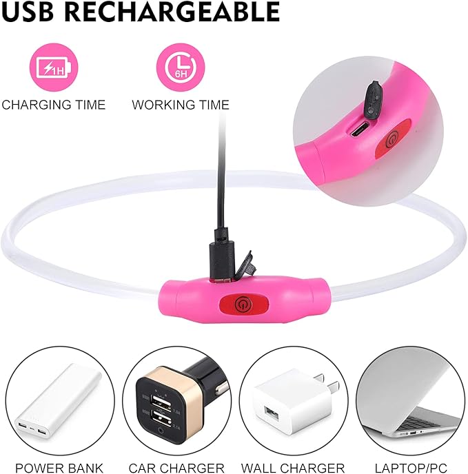 LED Dog Collar, Rechargeable Light Up Dog Collars,IP67 Waterproof Dog Lights for Night Walking，Adjustable, Reusable Safety Necklace for Small Medium Large Dogs (Pink)