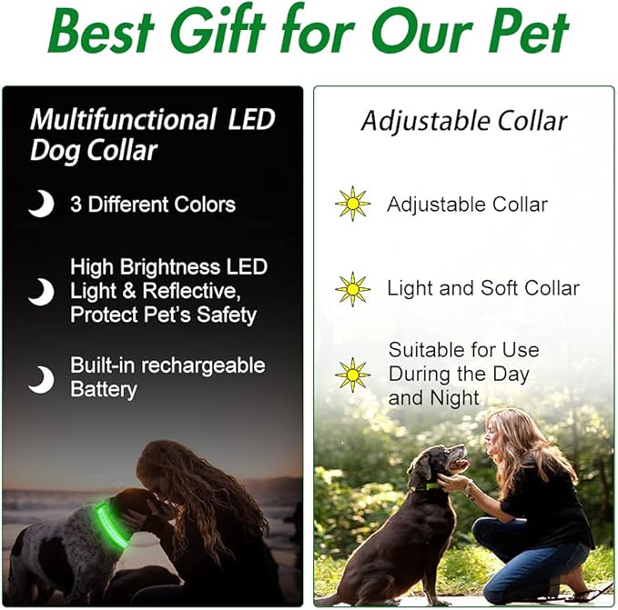 YFbrite Ultra Light Adjustable LED Dog Collar, Light up Dog Collars Rechargeable Glowing in The Dark Collars Visiblity & Safety for Small, Medium, Large Dogs (Green, X-Large)
