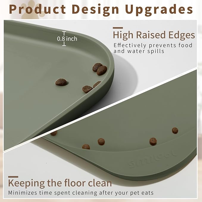Silicone Pet Food Mat with Raised Edge for Food and Water Bowl, Dog Feeding Mats, Cat Food Trays for Floor Waterproof, Rubber Tray for Dogs and Cats, 22 x 14 x 0.8 Light Olive Green