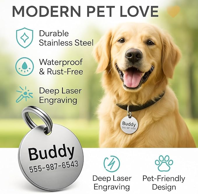 Dr. Fremont's Stainless Steel Custom Pet ID Personalized Engraved Identification Cat and Dog Tags with Custom Text, Many Shapes Including Bone, Heart, Circle (Gold Stainless Steel, Large Circle)