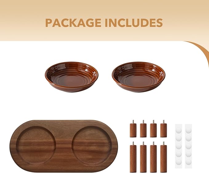 Elevated Ceramic Cat Dish, Wide Whisker Friendly Anti-Slip Food & Water Bowl with 2 Heights Adjustable Acacia Wooden Stand - Pet Bowl Set for Cats (2 Dishes +Stand, Caramel Brown)