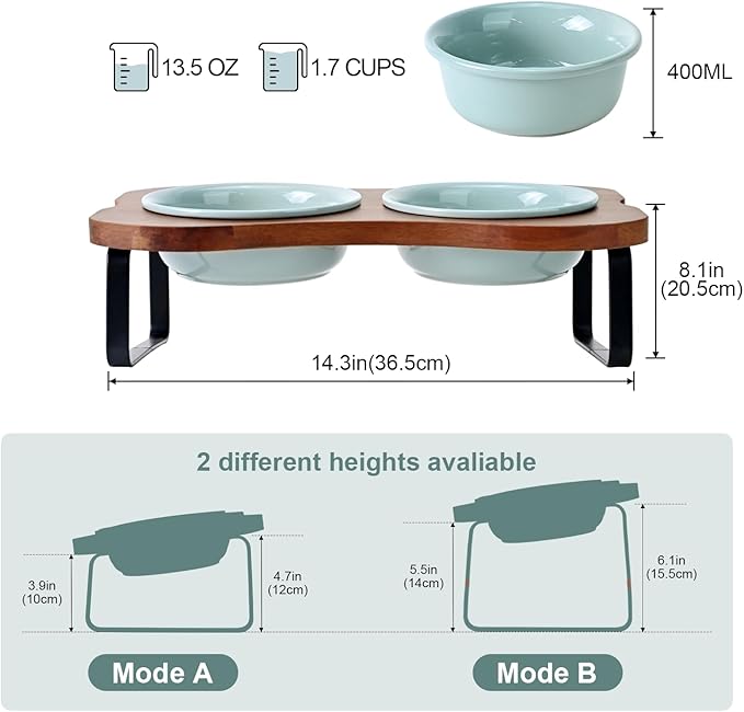 SPUNKYJUNKY Ceramic Elevated Tilted Dog Bowls Bone-Shaped Raised with 2 Height Iron Stand, 5.9'' Dog and Cat Food Water Bowls Set Non-Slip for Small Sized Breed - 13.5 OZ,Light Green