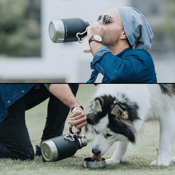 Asobu Buddy Bottle a Stainless Steel Insulated Water Bottle for with Removable Dog Water Bowl and Dog Food and Treat Storage Bowl (Black, 37 Oz Water Bottle with Bowl)