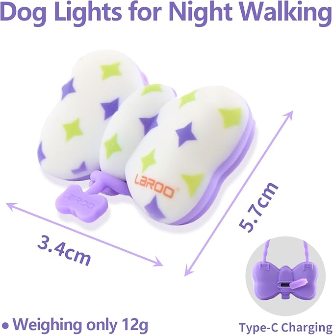 LaRoo Dog Collar Lights for Night Walking,USB-C Rechargeable Dog Lights，Only 12g for Small Dogs, 3 Modes Colored Lights,Waterproof LED Collar Charm for Nighttime Running,Pet Camping Essentials(Purple)