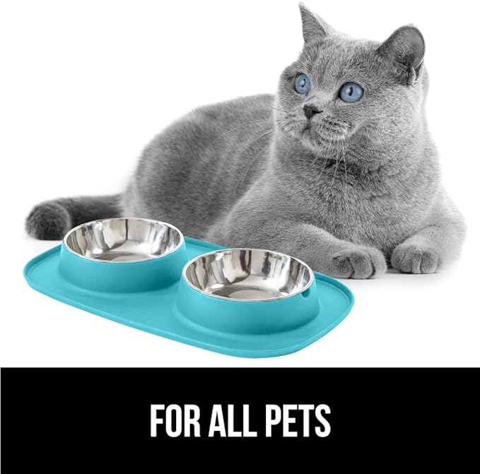 GORILLA GRIP Feeding Mat Set, Patent Pending 100% Waterproof BPA Free Silicone, Stainless Steel Cat and Dog Bowls, Slip Resistant, Edges Catch Water, Food, US Designed Pet Accessories, 2 Cup Turquoise