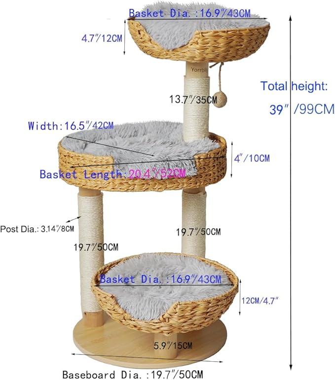 Cat Tree 39 Inches Cat Tower with Sisal Covered Scratching Real Wood Post, Handwoven PE Rattan 3 Baskets perches with Cozy Cushion, Cat Climbing, Cat Scratching Post (Light Gray Cushion)
