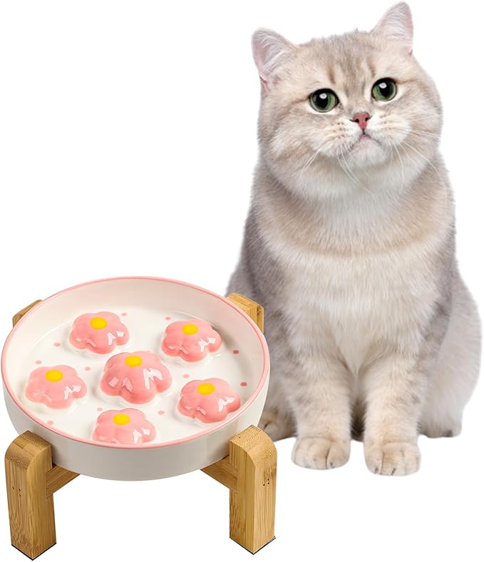 Elevated Slow Feeder Cat Bowl - Maze Puzzle Cat Food Dish with Bamboo Stand, Anti-Slip - Raised Base for Comfortable Eating - 6 OZ - Blush Pink Flower
