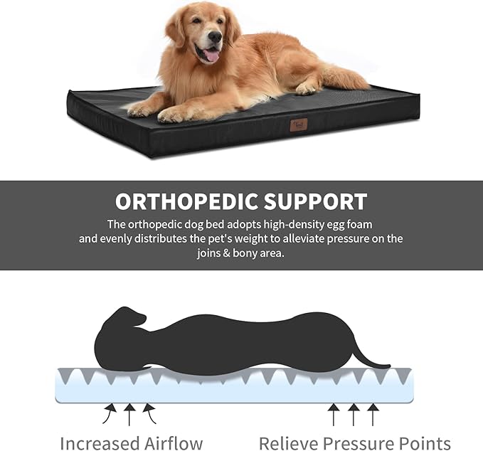 Outdoor Dog Bed for Small Dogs, Waterproof Dog Crate Bed for Medium Dogs Cats, Orthopedic Egg Crate Foam Pet Bed with Washable Removable Oxford Cover, Black