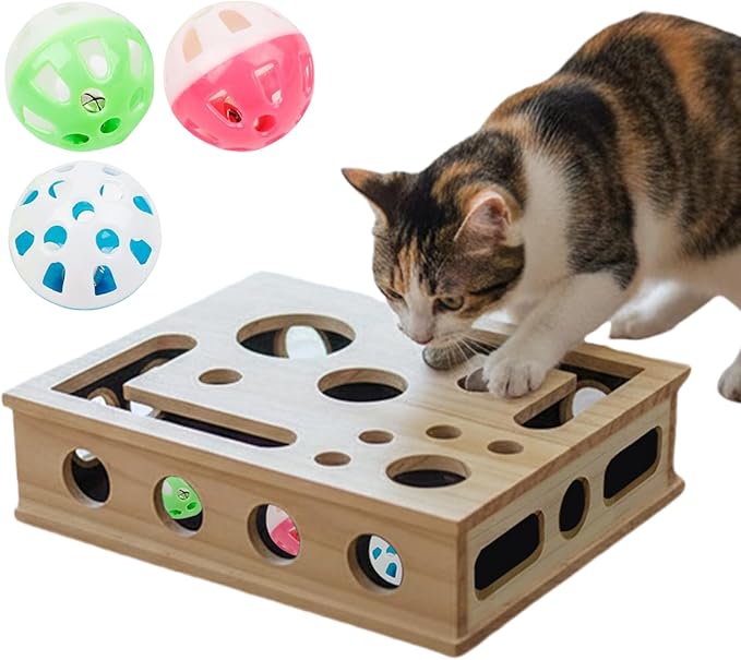 Interactive Cat Enrichment Toy Box,Cat Toy Puzzle Box with Teaser Wand, Balls & Scratch Pad for Indoor Cats, Premium Mental Stimulation and Play for Kittens & Adult Cats