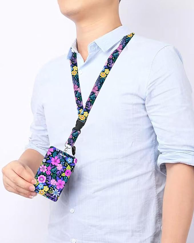 ID Badge Holder with Retractable and Detachable Lanyard, Cute Badge Reel Breakaway Lanyard with Carabiner Clip for Women, Teachers, Nurses, Students, Perfect Work and Office(Flower Purple)