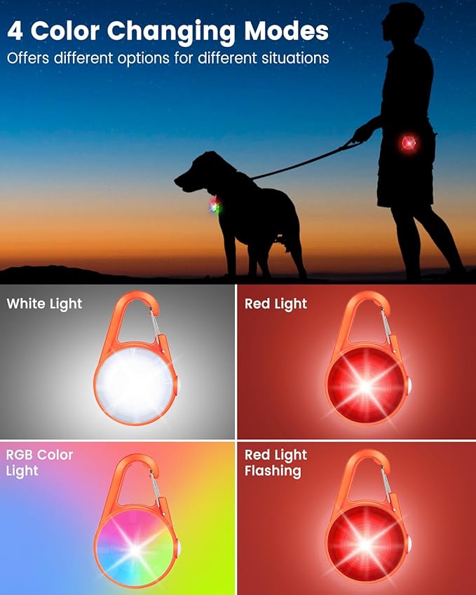 2 Pack Dog Collar Light, Rechargeable Dog Lights for Night Walking Clip On, 4 Modes Waterproof LED Collar for Nighttime Running, Cycling, Pet Camping Essentials (Orange)