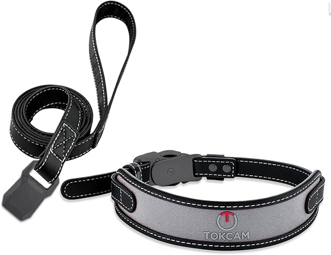 Magnetic Quick-Release Buckle Dog Collar and Leash Set, Easy On & Off Faux Leather Adjustable Puppy Collar for Small, Medium, Large Girl Boy Dogs, for Daily Walks, Travel & Outdoor, Black,M