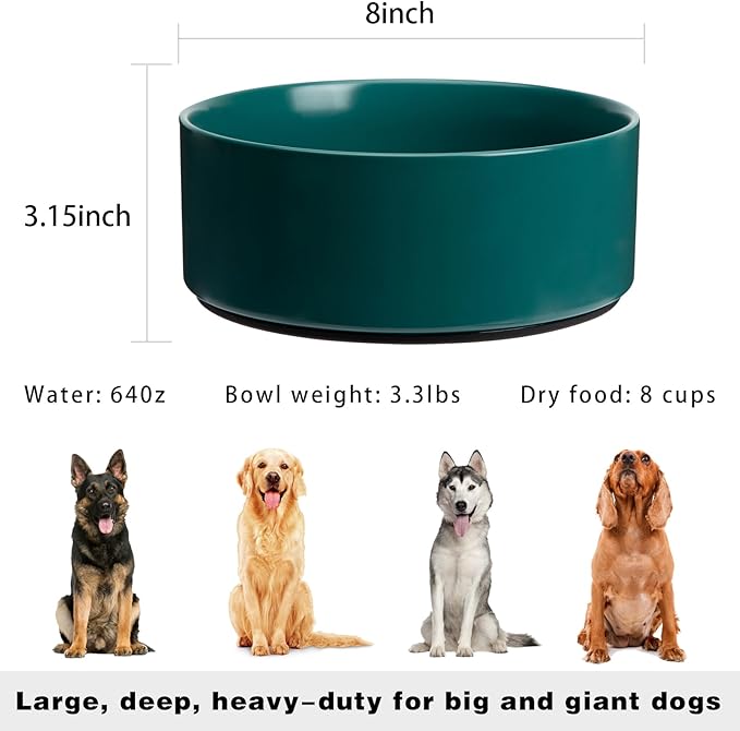 Kitwinney Large Dog Bowls, Non Slip Heavy Ceramic Dog Food and Water Bowl with Silicone Base, 8" Pet Feeding Bowl for Small, Medium, and Big Dogs (Green, 8 Inches)