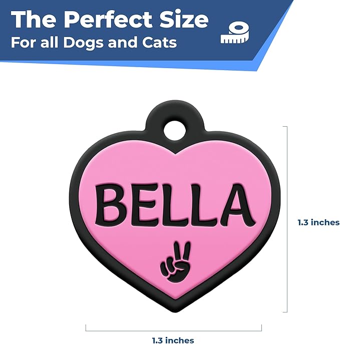 GoTags Silicone Dog Tags, Soundless Pet Tag, Personalized Silent Tag Engraved for Pets with Cute Custom Designs, for Dogs and Cats, (Heart, Pink)