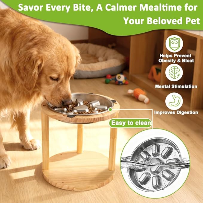 Vivifying Elevated Dog Bowl, Height-Adjustable Pine Wood Stand with Stainless Steel Slow Feeder Bowl, Available in Two Heights 5.9" & 10.6", Fits Small, Medium & Large Dogs