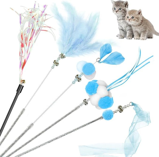 Pawfect Tail Cat Wand Toys, 5Pcs Interactive Kitten Feather Wand Toys for Bored Indoor Cats, Cat Teaser Wand with Bell and Crinkly Paper, Blue