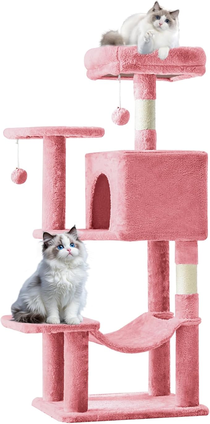 Sweetcrispy 44 inch Cat Tree Tower, Small Cat Climbing Tower with Condo, Natural Sisal Scratching Posts, Extended Platform, Hammock, Pet House for Indoor Cats and Kittens Play, Pink