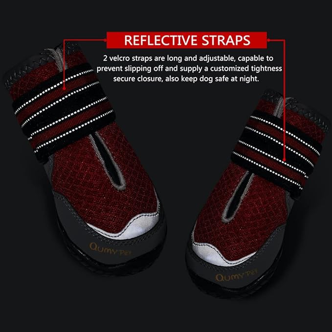 QUMY 4PCS Dog Boots for Large Dogs, Medium Dog Shoes & Paw Protectors for Hot Pavement, Summer Heat Protection, Mesh Breathable Nonslip Dog Booties for Hardfloors, Walking Running Hiking Red Size 5
