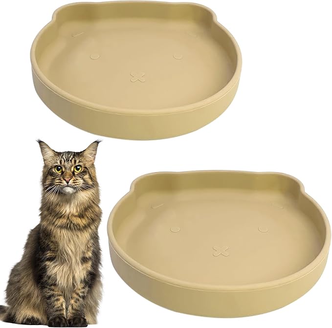Silicone Cat Food Bowl Suction Cup Cat Dish 7" Shallow Cats Food & Water Bowls Set of 2 Non-Slip Kitty Plates Relief Whisker Fatigue Puppy Feeding Bowl for Dry & Wet Food (Beige)