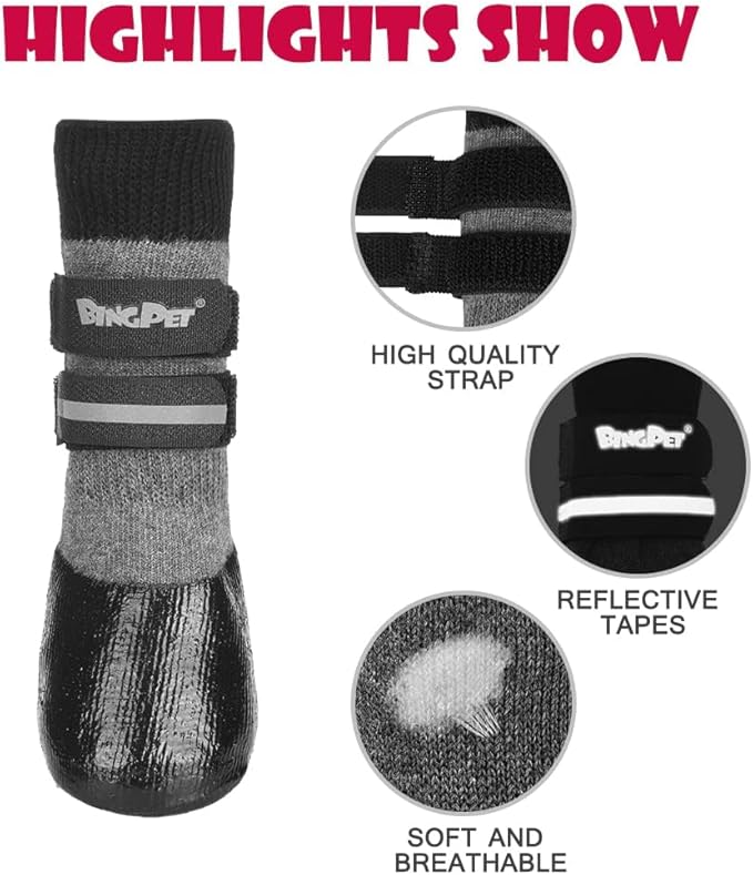 BINGPET Anti-Slip Dog Socks, Waterproof Paw Protectors with Reflective Straps, Dog Boots for Hot Pavement for All Season, Dog Shoes with Traction Control for Indoor & Outdoor Wear, 4pcs