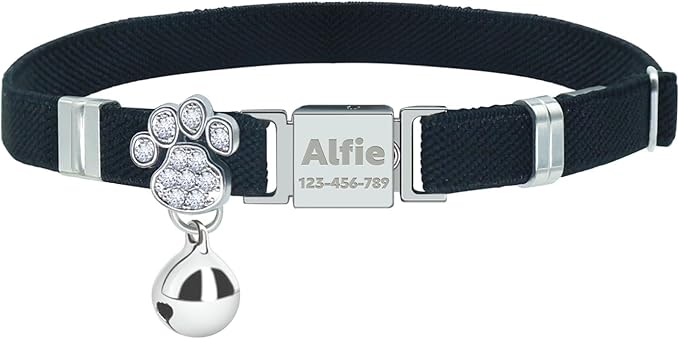 Personalized Safety Elastic Cat Collars with Bell,Laser Customized Stretch Kitten Collars for Girls Boys Cats-Black