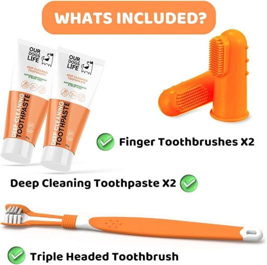 Dog Toothbrush with Toothpaste | Approved Dog Dental Kit | One Triple Headed Deep Cleaning Toothbrush for Dogs-Two 100% Natural Toothpaste(90g Each)-Two Finger Brushes | Freshen Breathe Remove Plaque