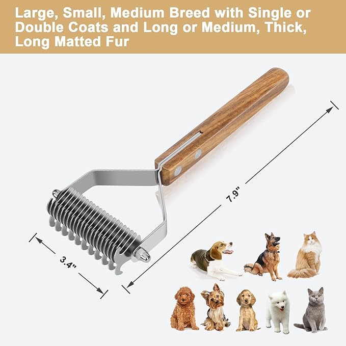 Dematting Comb for Dogs & Cats - Double-Sided Deshedding Dematting Grooming Tool, Undercoat Rake for Double Coat Dogs & Long-Haired Cats, Wooden Handle Large