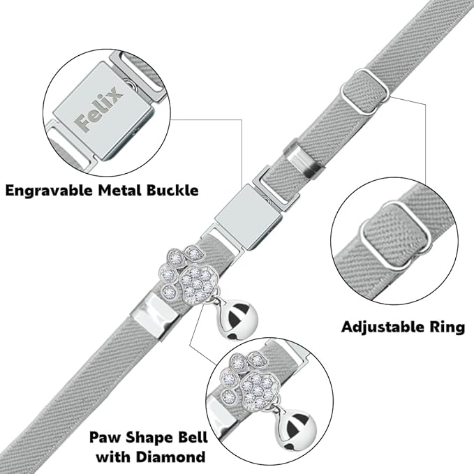 Personalized Safety Elastic Cat Collars with Bell,Laser Customized Stretch Kitten Collars for Girls Boys Cats-Grey