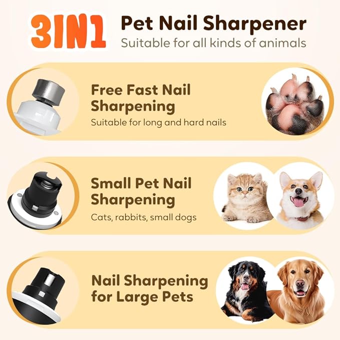 Safe Cut Cat Nail Trimmer, 2025 Upgraded 3 Adjustable 360° Grinding Settings, Low-Vibration Ultra-Quiet Under 40dB, Powerful for All Cats & Dogs, Easy to Clean (White+3*Heads)