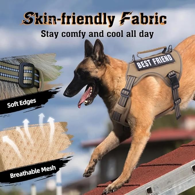 Tactical Dog Harness with Leash for Large Dogs, No Pull Adjustable Dog Harness, Reflective K9 Working Pet Vest for Walking, Training (Khaki, L)
