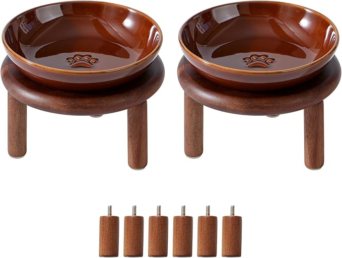 2 Sets of Elevated Ceramic Paw Print Cat Dish, Wide Whisker Friendly Anti-Slip Food & Water Bowl with 2 Heights Adjustable Acacia Wooden Stands(2 Dishes +2 Stands, White)